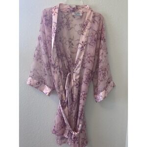 Vintage 80s 90s B-Comfee Robe Kimono Sheer Pink Floral Outside Tie